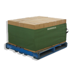 Green pallet band with cardboard boxes on a blue pallet against a white background